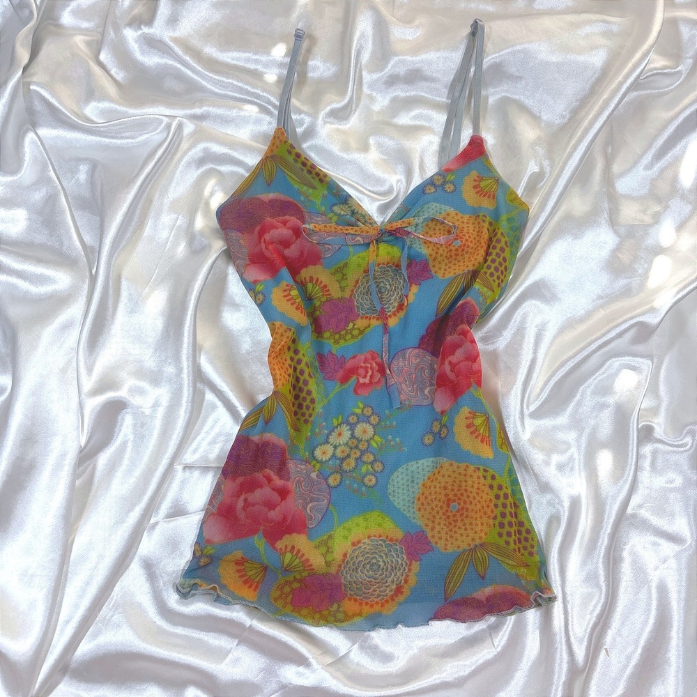 y2k Cami Top Blue Excellent Mesh Floral Lettuce Edge Tie Front Twilight Camisole
